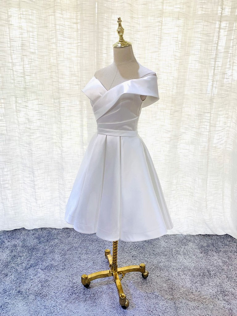 White Simple Satin Off Shoulder Knee Length Party Dress Homecoming Dress cg12526