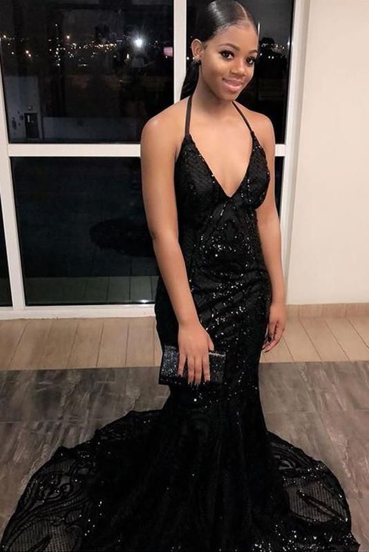 V-neck Halter Sleeveless Sequined Long Prom Dress cg12530