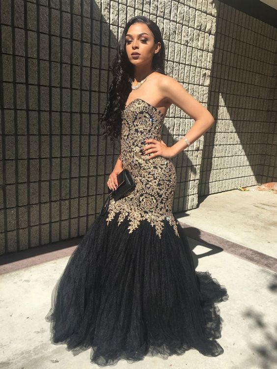 Mermaid Black Prom Dresses Vintage Gold Lace Sexy Formal Dresses cg12537