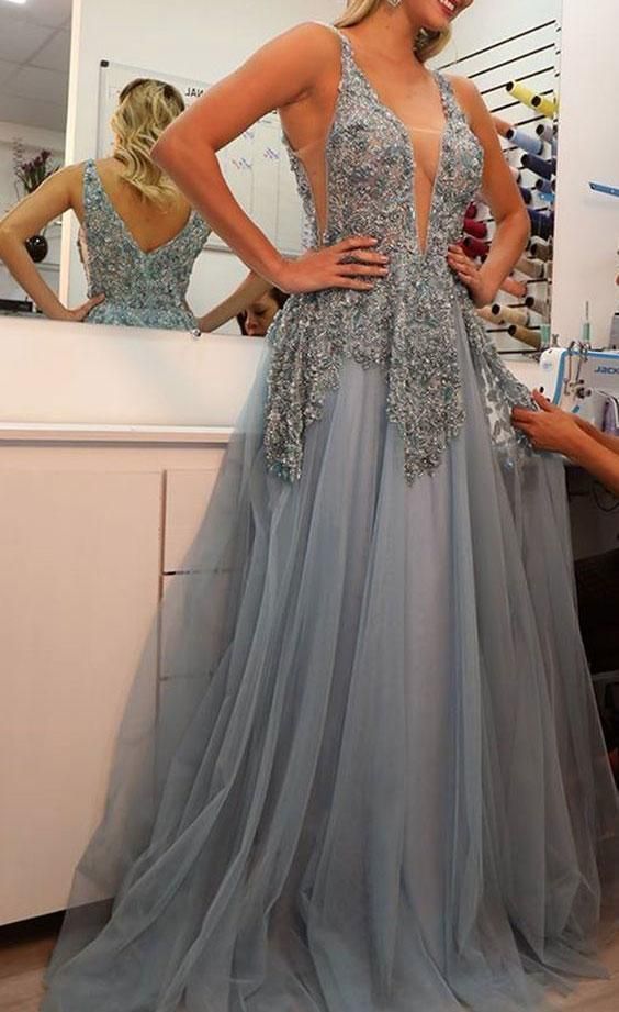 Sexy Deep V Neck Tulle Dresses Prom Dresses with Appliques Beaded cg12539