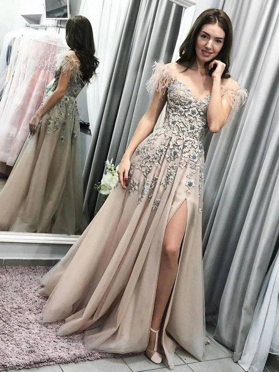 Champagne tulle lace long prom dress champagne tulle formal dress cg12545