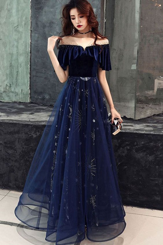 Dunkelblaues langes Ballkleid aus Tüllspitze, blaues Abendkleid cg1255