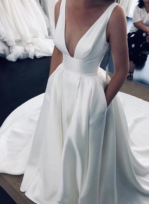 White v neck satin long prom dress evening dress cg12553