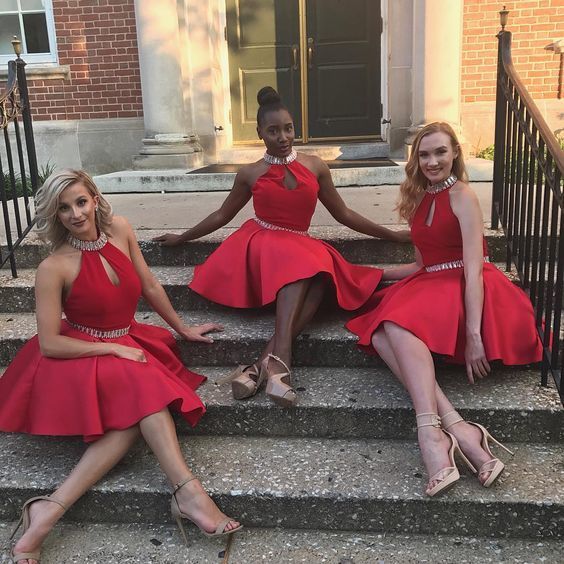 Red Satin Crystal Halter Sashes Homecoming Dresses Short cg12564
