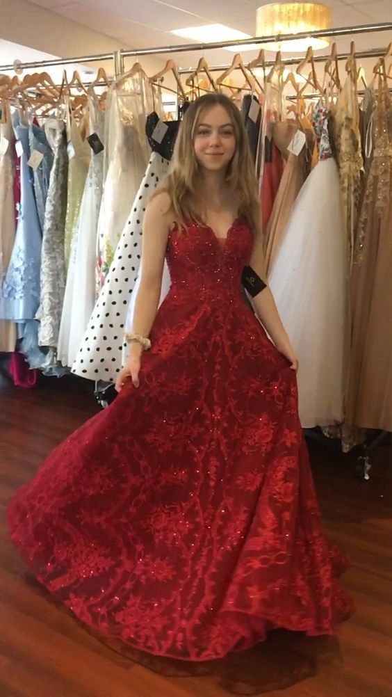 A-line V Neck Red Long Prom Dress cg12565