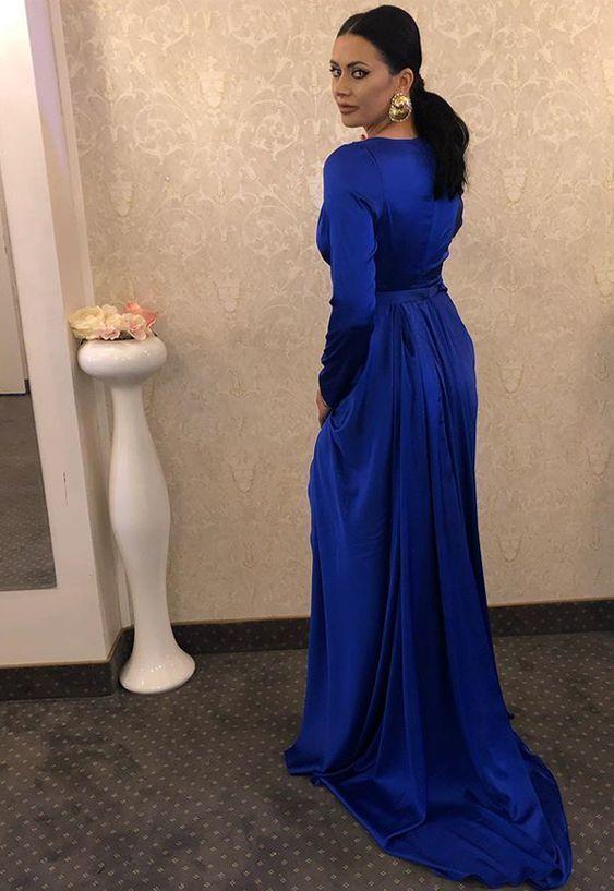 Royal Blue Long Sleeves Prom Dress With Split cg12568