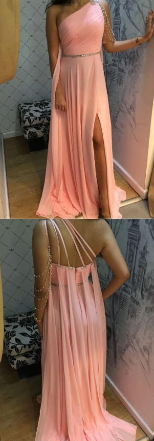 One Shoulder Chiffon Evening Dress, Sexy Pink Side Slit Prom Party Dress cg12569