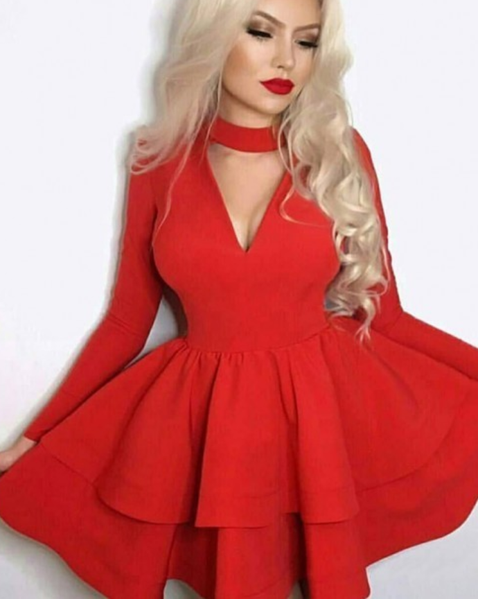 A-Line Choker Neck Long Sleeves Red Satin Homecoming Dress cg12581 classygown A-Line Choker Neck Long Sleeves Red Satin Homecoming Dress cg12581 classygown