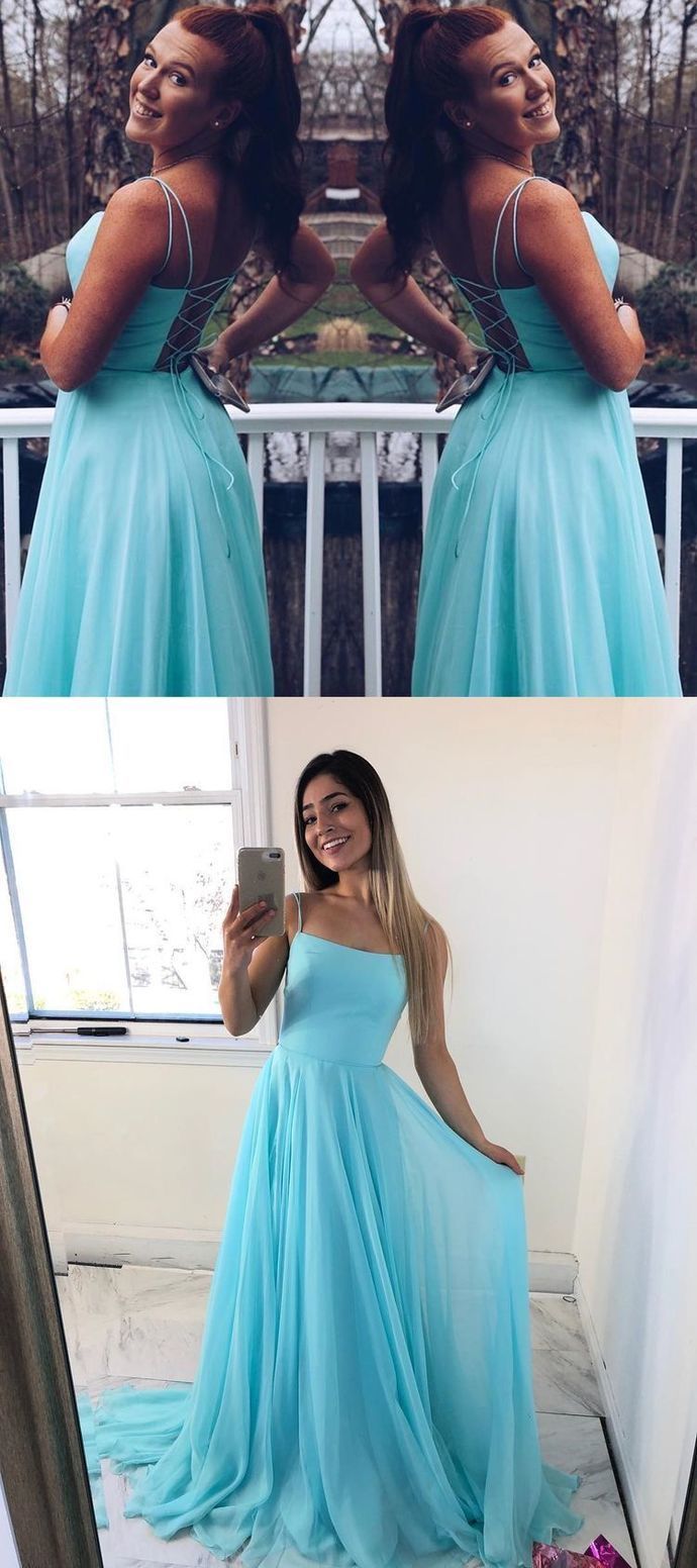 Sexy A Line Blue Chiffon Prom Dress, Simple Long Evening Party Dress cg12583