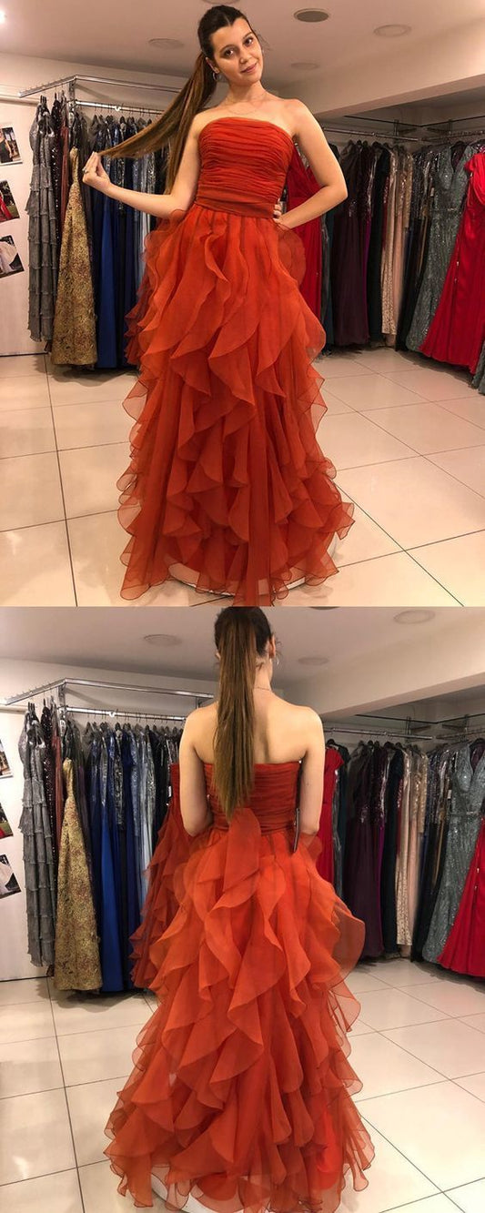 Charmantes trägerloses rotes Ballkleid mit Rüschen, langes Abendkleid cg12584