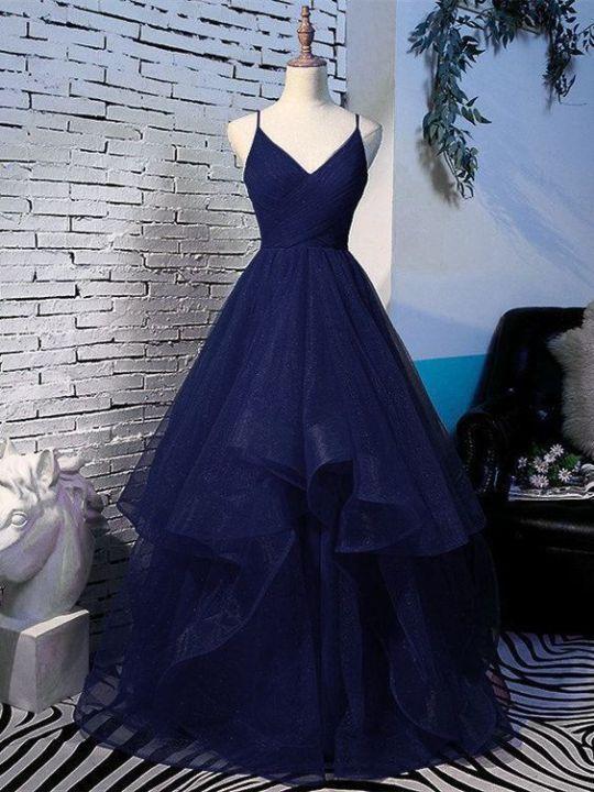 Charming Spaghetti Strps Navy Blue Prom Dress 2021, Tulle Layers Long Evening Gown cg12587