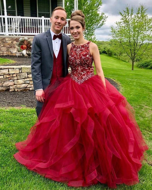Rotes Ballkleid, O-Ausschnitt Brautkleider, Perlenbesetzte Ballkleider, Tüll-Ballkleid cg12591