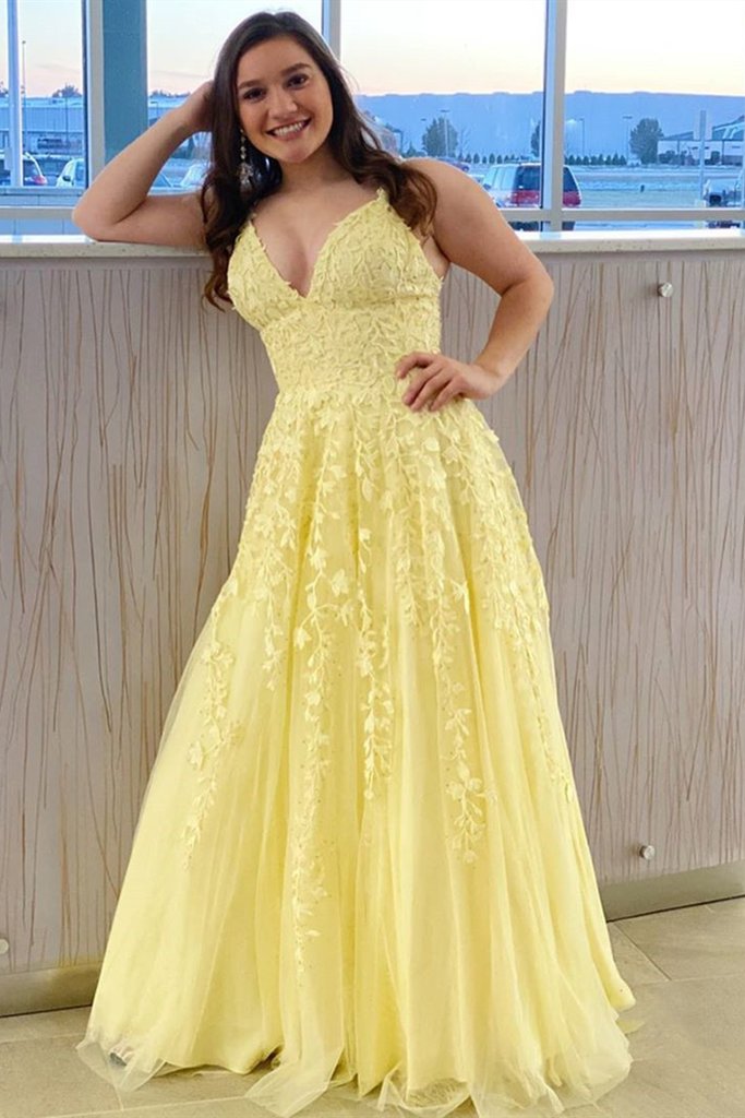 A Line V Neck Open Back Yellow Lace Long Prom Dress, Yellow Lace Formal Graduation Evening Dress cg12600