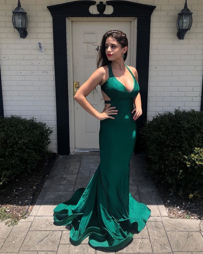 Sexy Mermaid V Neck Green Long Prom/Evening Dresses with Backless cg12604