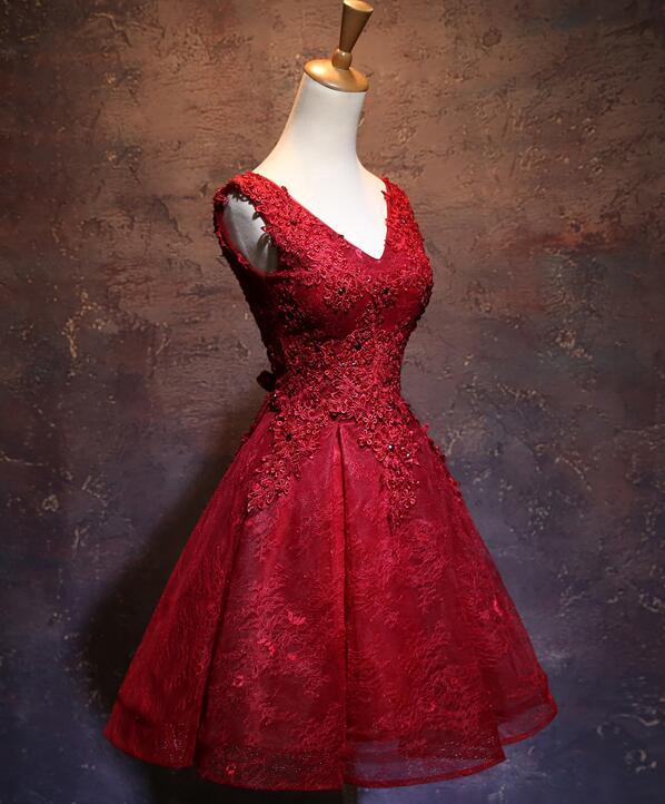 Wine Red Short Lace Cute Homecoming Dress, V-Neckline Lace-Up Teen Party Dress cg12616