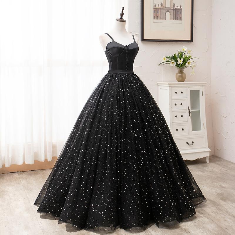 Beautiful Black Prom Dresses, Princess Spaghetti Straps Sleeveless Backless Party Dress cg12617