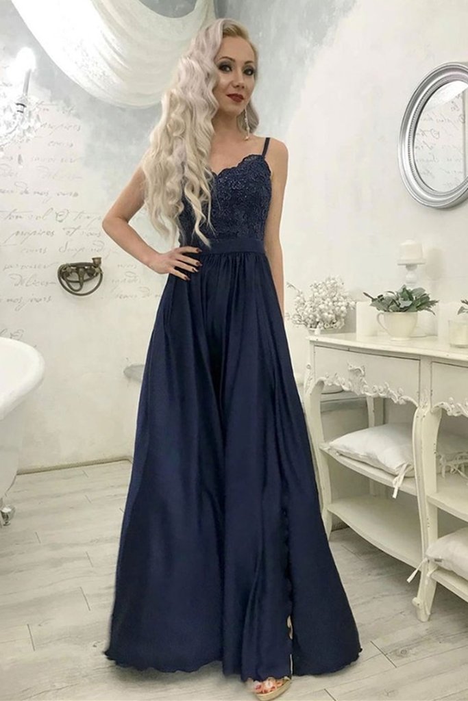 A Line Sweetheart Neck Lace Navy Blue Long Prom Dress with split, Navy classygown A Line Sweetheart Neck Lace Navy Blue Long Prom Dress with split, Navy classygown