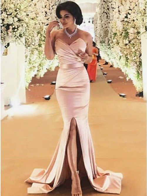Mermaid Sweetheart Ruched Pink Stretch Satin Prom Dress cg12647
