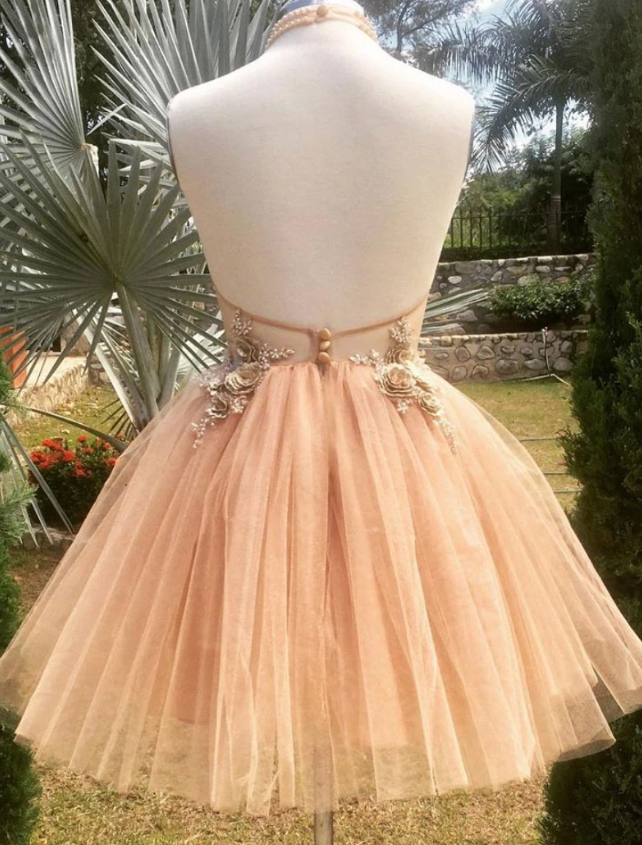 Champagne high neck tulle lace short dress tulle formal dress homecoming dress cg12654