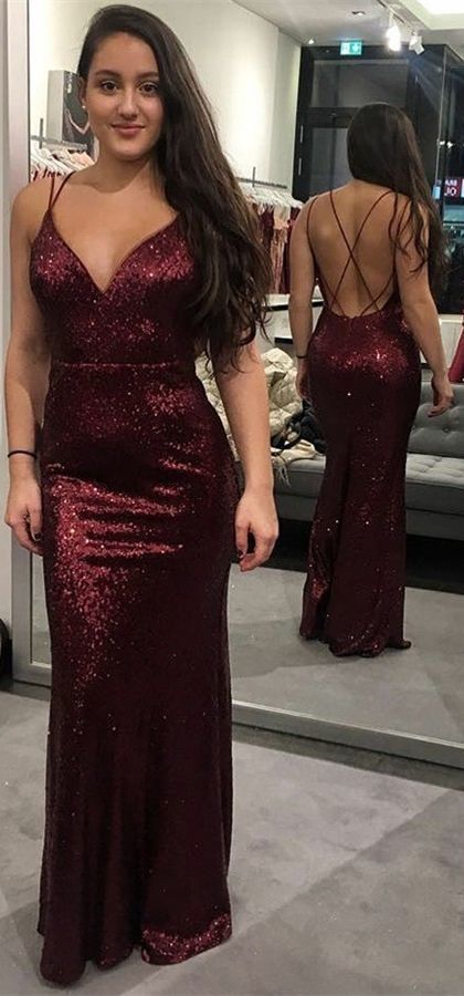 Mermaid Spaghetti Straps Long Burgundy Sequined Prom Dress cg12682