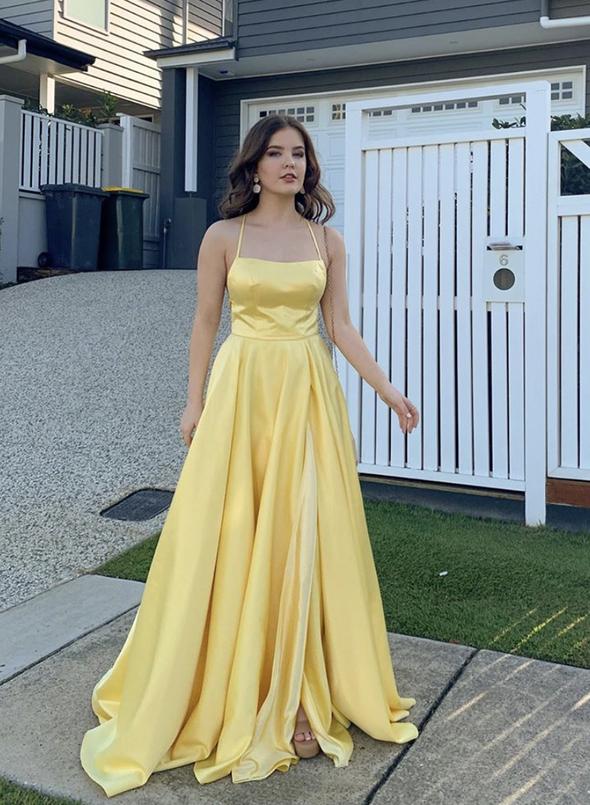 Yellow satin prom dress simple evening dress cg12684