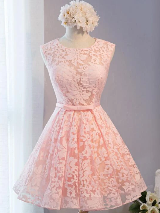 Pink Lace Knee Length Party Dress, Homecoming Dress cg12689