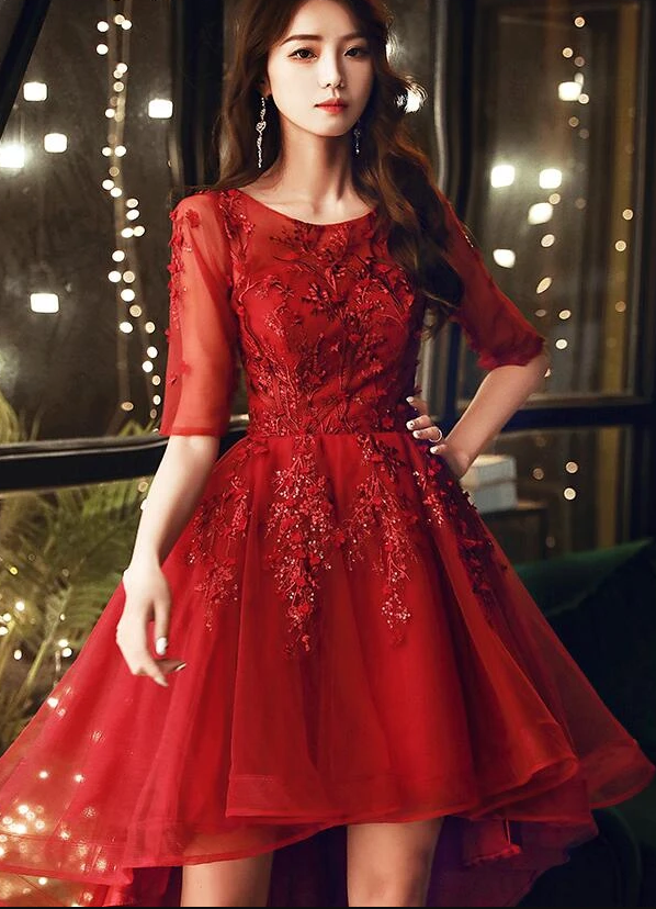 Dark Red High Low Tulle Short Sleeves Flowers Party Dress, Homecoming Dress cg12691