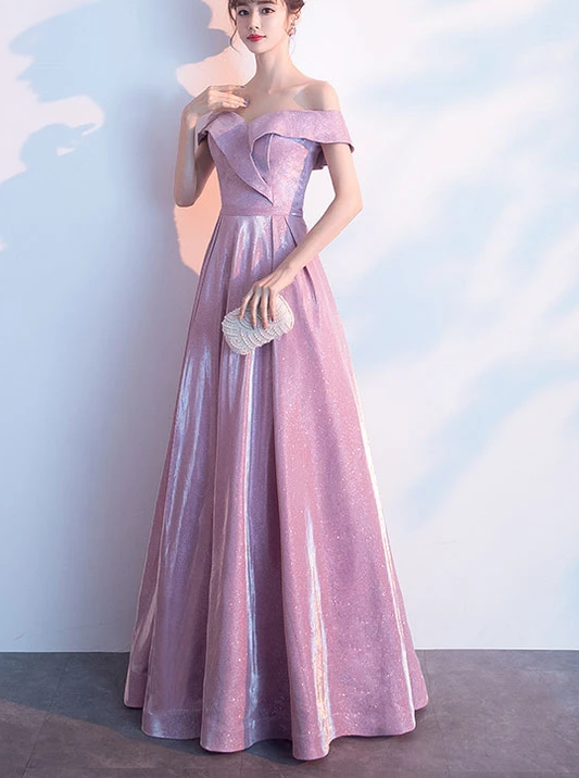 Wunderschönes schulterfreies, rosa glänzendes, langes Brautjungfernkleid, süßes Ballkleid cg12692