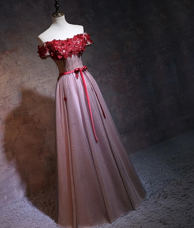 Unique Pink Tulle Off Shoulder Party Dress With Lace Applique Cute Prom Dress cg12693