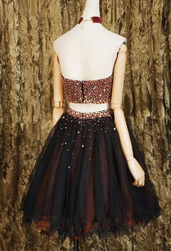 Black two pieces beads tulle short black homecoming dress cg12694