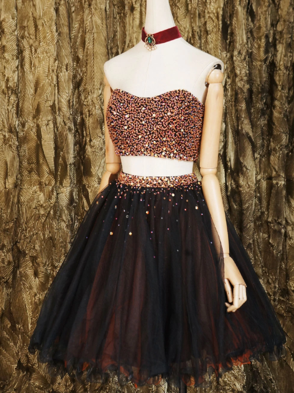 Black two pieces beads tulle short black homecoming dress cg12694