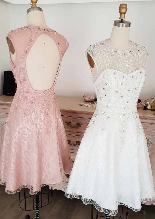 Cute round neck tulle lace short lace bridesmaid dress homecoming dress cg12695
