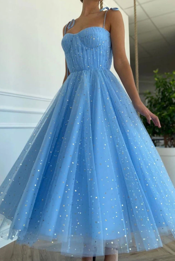 BLUE SWEETHEART TULLE TEA LENGTH PROM DRESS BLUE TULLE FORMAL DRESS cg12696