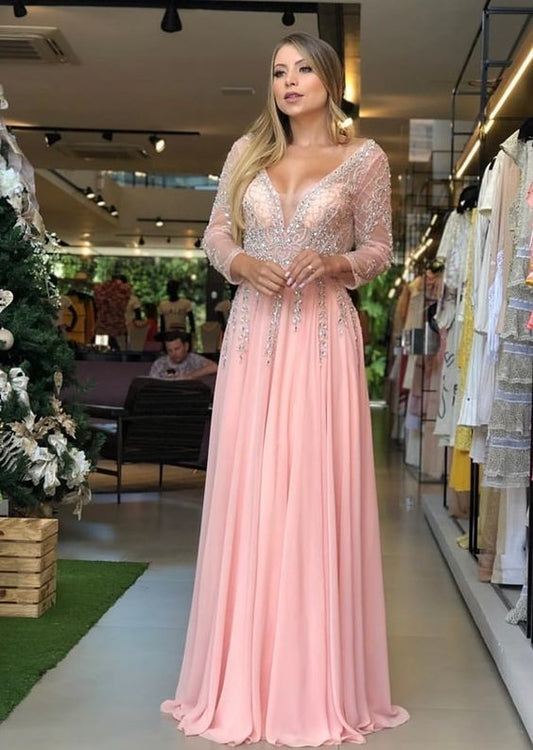 Ballkleid mit V-Ausschnitt und langen Ärmeln, rosa Ballkleid cg12697