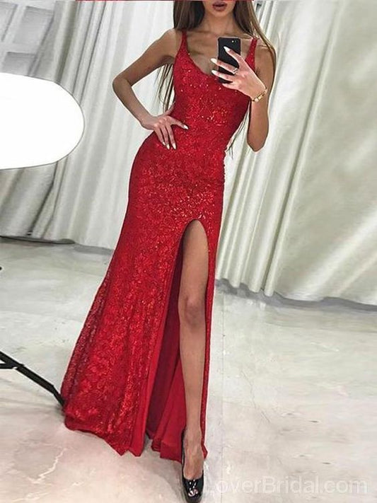 rotes, glitzerndes, langes, funkelndes Ballkleid mit Seitenschlitz cg1270