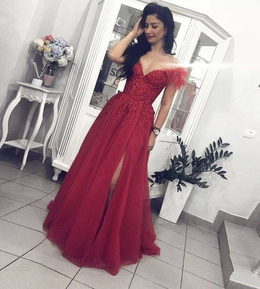 Burgunderrotes langes Ballkleid aus Spitzentüll cg12702