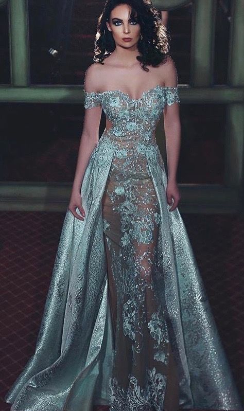 Wunderschönes schulterfreies meerschaumgrünes Kleid mit abnehmbarer Schleppe, Ballkleid cg1271