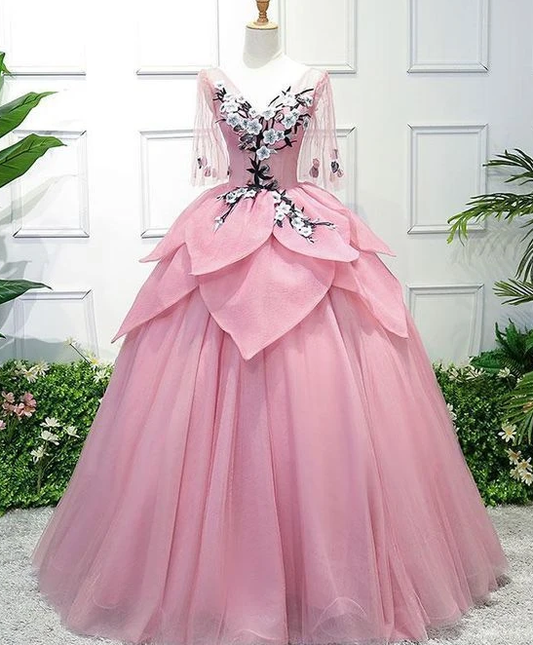 Rosa Tüll Ballkleid Spitze Sweet 16 Kleid, Rosa Quinceanera Ballkleid mit Blumen cg12714