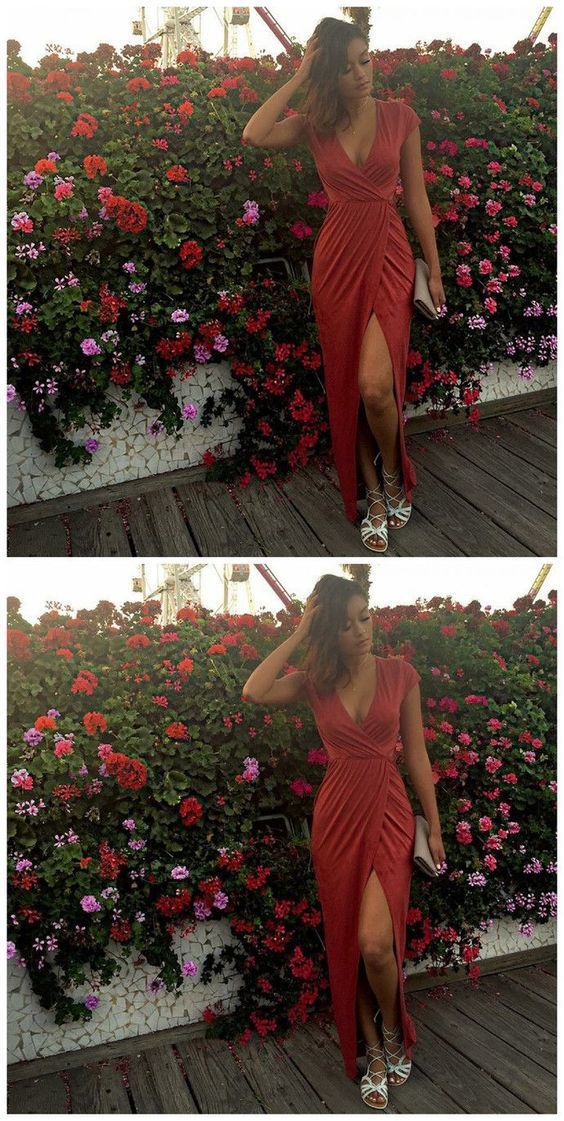 V-Neck Sheath Cap Sleeves Split Front Red Prom Dress with Ruffles cg12729