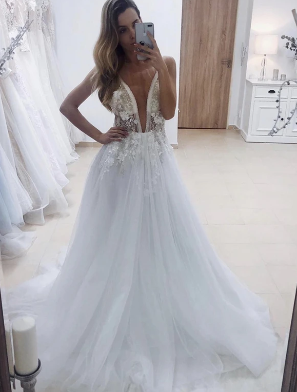 White v neck tulle lace long prom dress evening dress cg12741