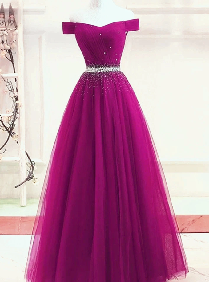 Beautiful Off Shoulder Beaded Tulle Long Party Dress, Junior Prom Dress 2021 cg12742