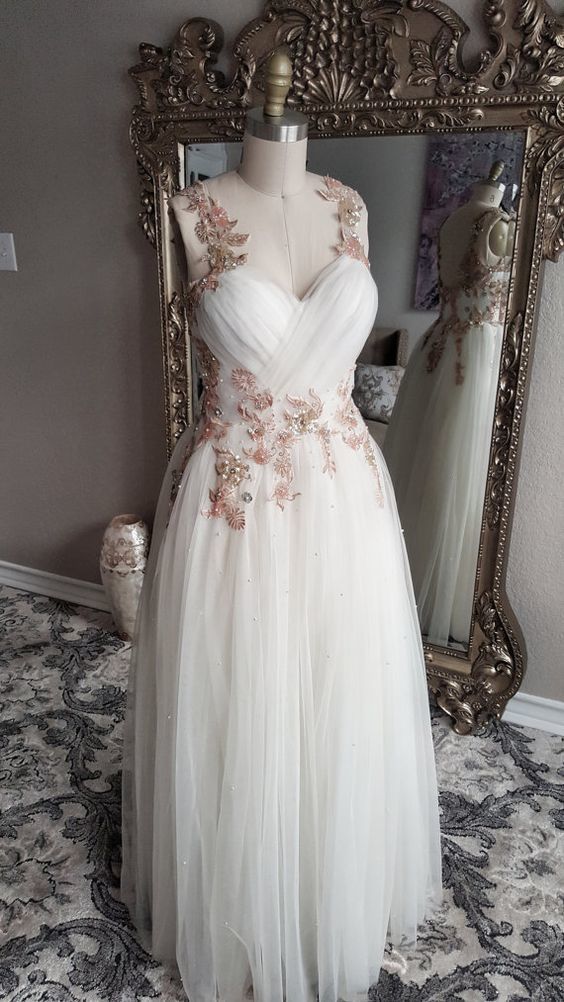 Gold and Blush Floral Embroidered Beaded A-Line Formal Gown Prom Dress 2021 cg12744