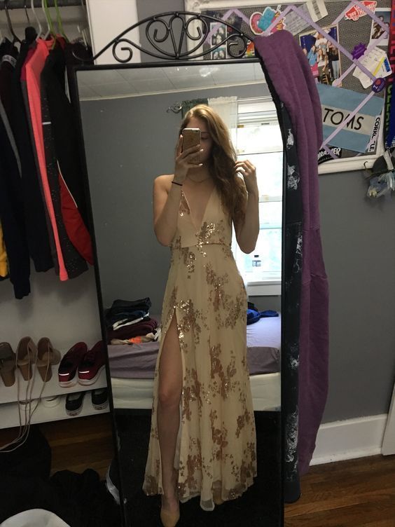 A-line V Neck Long Prom Dress, Open Back Prom Dress cg12745