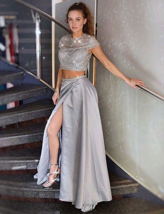 Charming Two Piece Short Sleeves Long Grey Prom Dress with Split Beading cg12753