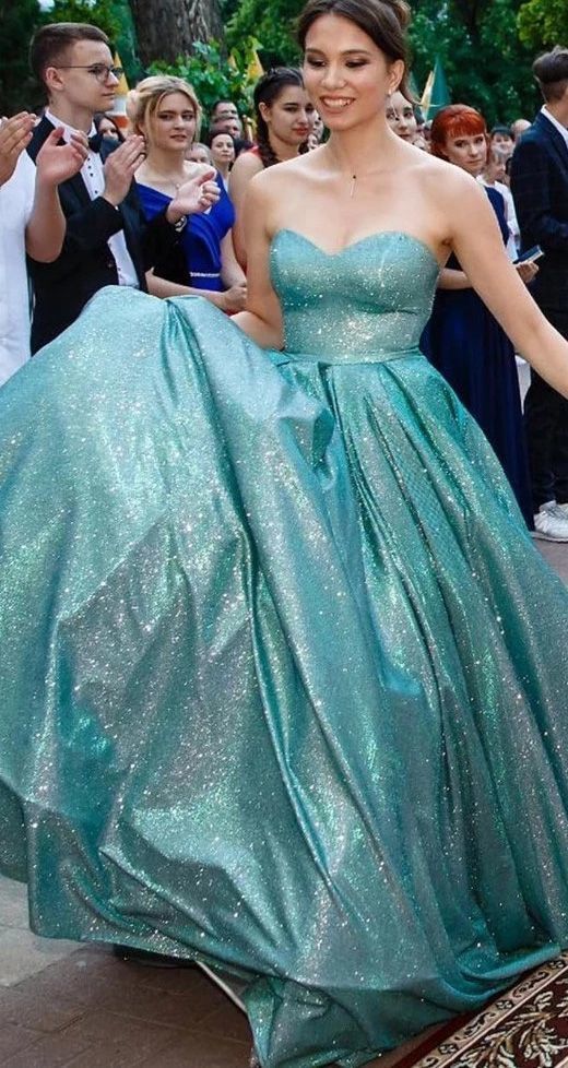 Funkelndes, herzförmiges, blaues, langes Ballkleid, A-Linie, formelles Abendkleid cg12755