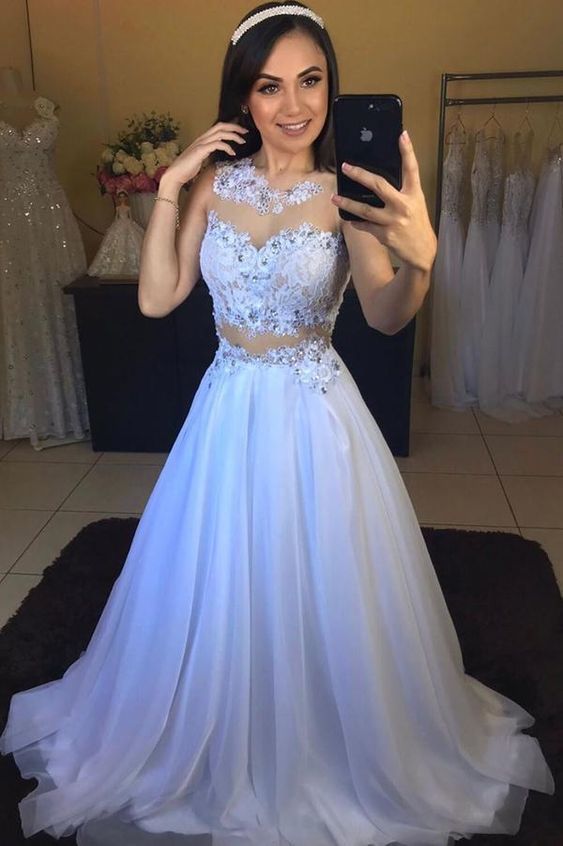 White round neck tulle lace long prom dress white formal dress cg12776