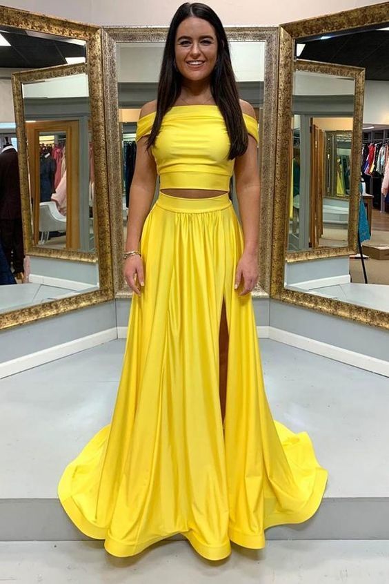 Simple yellow satin two pieces long prom dress yellow formal dress cg12777