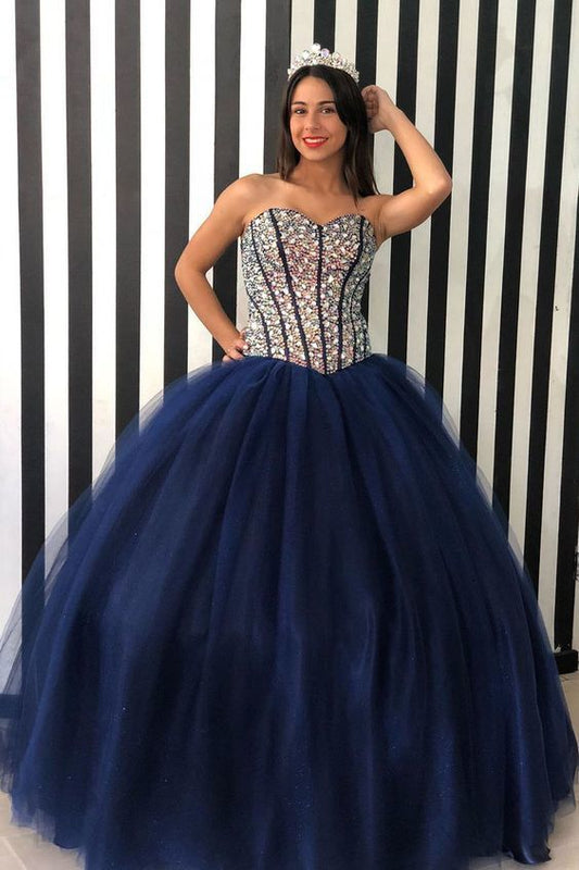 Herzausschnitt Marineblau Perlen Langes Quinceanera Kleid Langes Ballkleid cg12778
