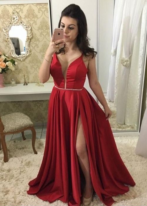 Cheap Princess/A-Line Satin Red Sweetheart Side Slit Prom Dresses cg12781