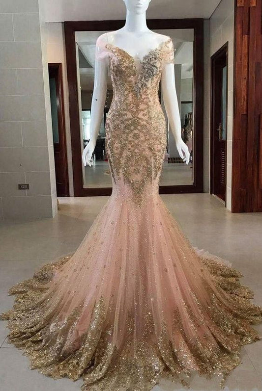 Spitze Sheer Neck Illusion Peach Mermaid Prom Abendkleider Spitzenapplikationen Bling Bling Kristall Formale Partykleider cg12794